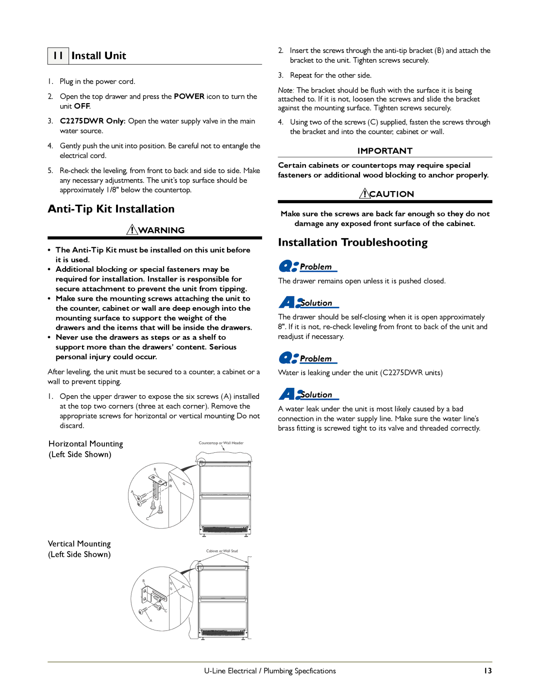 U-Line 2275DWRCOL, 2275DWRW, 2275DWRCS, C2275DWROL Anti-Tip Kit Installation, Installation Troubleshooting, Install Unit 