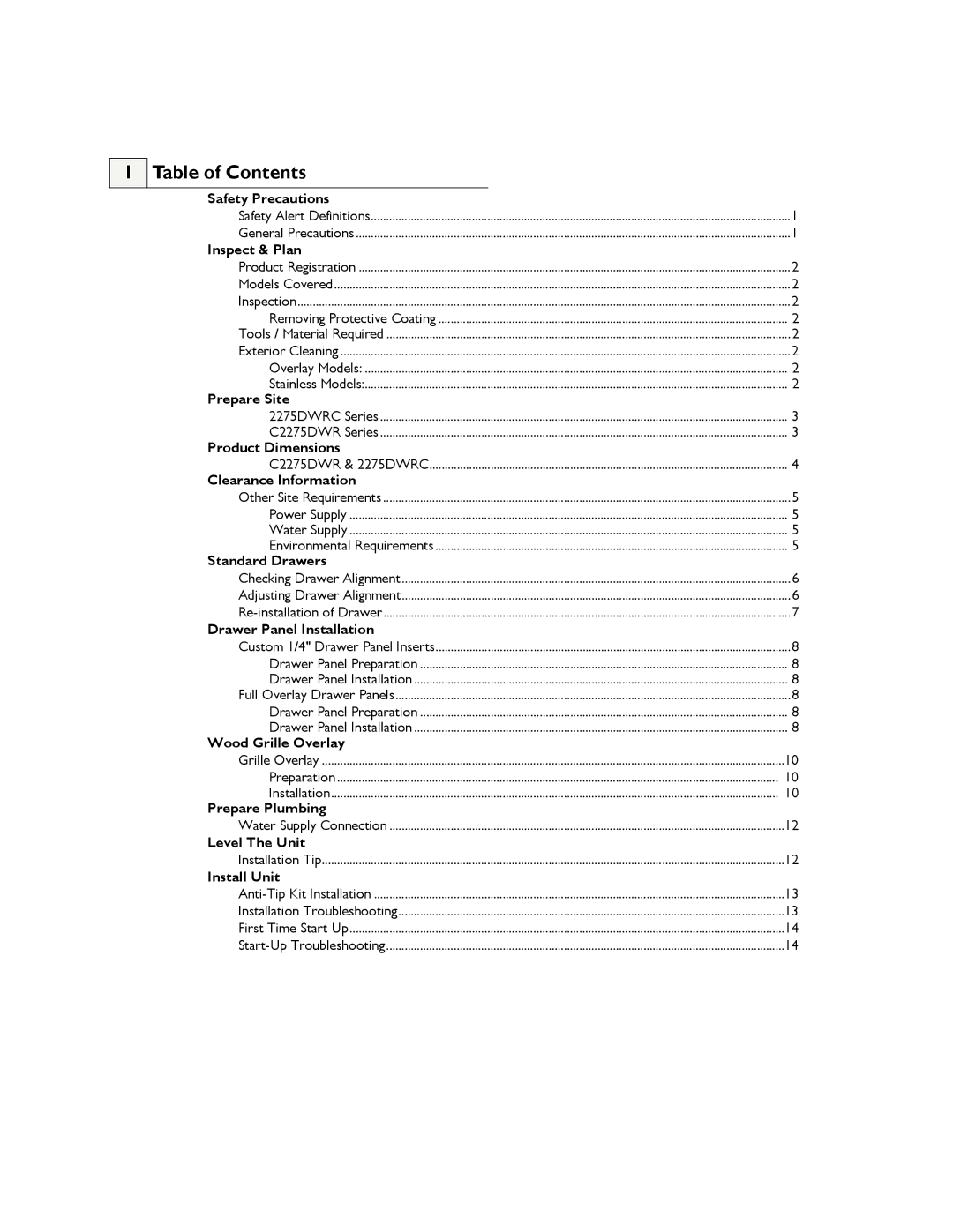 U-Line 2275DWRCS, 2275DWRCOL, 2275DWRW, C2275DWROL, C2275DWRS manual Table of Contents 