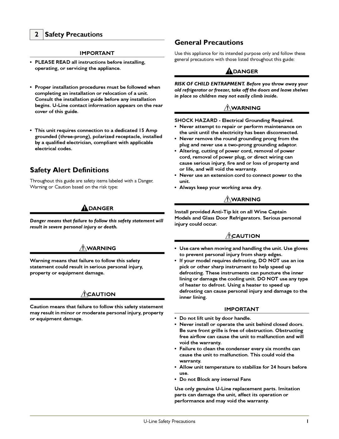 U-Line C2275DWROL, 2275DWRCOL, 2275DWRW, 2275DWRCS manual Safety Alert Definitions, General Precautions, Safety Precautions 