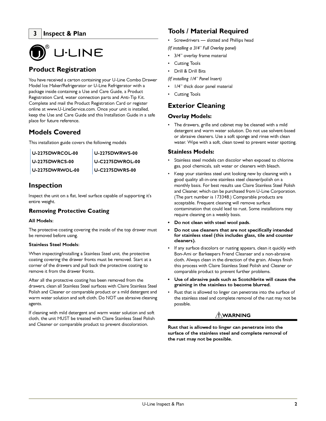 U-Line C2275DWRS, 2275DWRCOL Product Registration Models Covered, Inspection, Tools / Material Required, Exterior Cleaning 