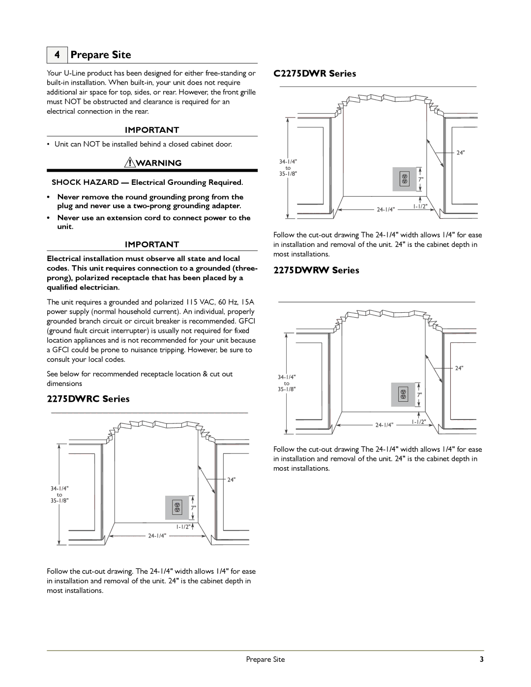 U-Line 2275DWRCOL, 2275DWRCS, C2275DWROL, C2275DWRS manual Prepare Site, 2275DWRC Series C2275DWR Series, 2275DWRW Series 