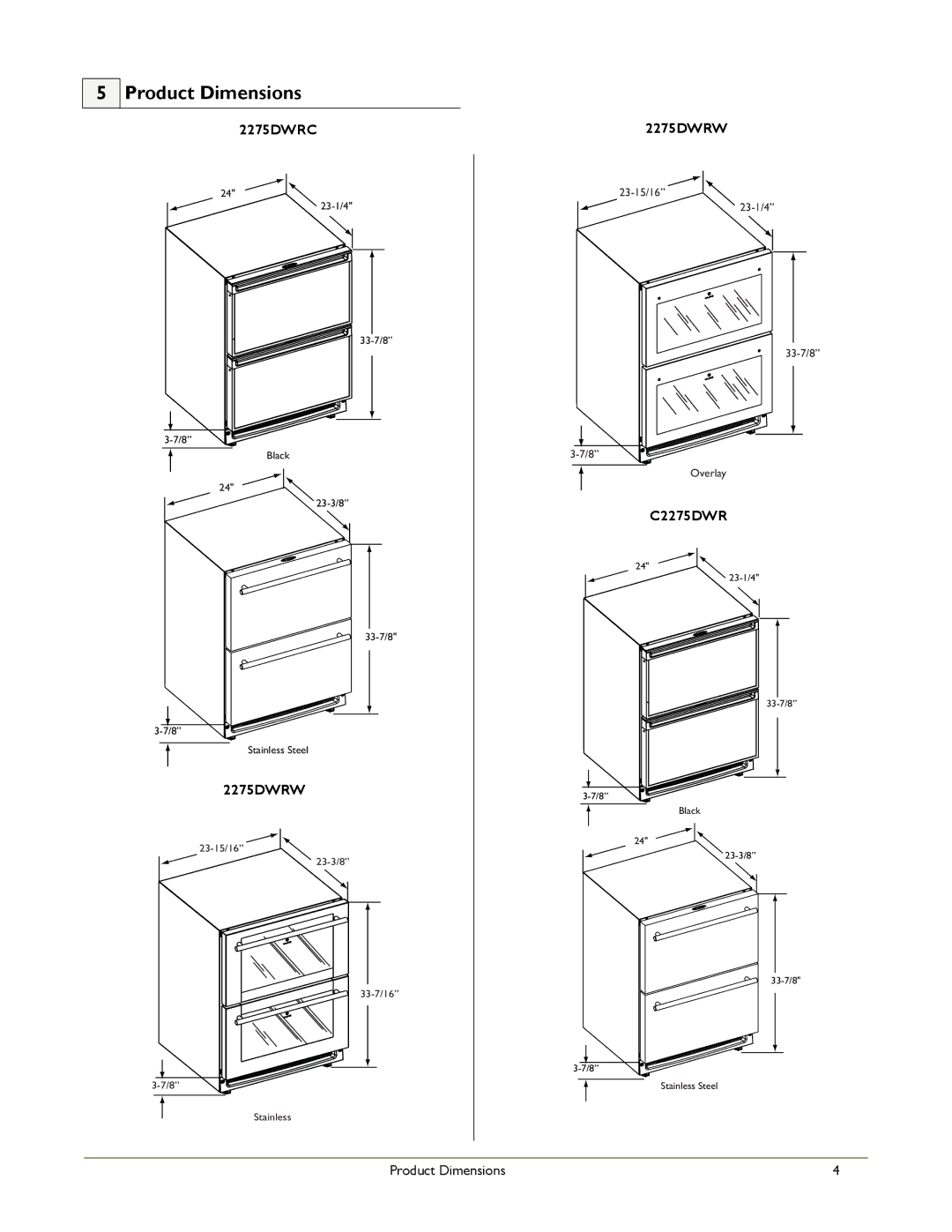 U-Line 2275DWRW, 2275DWRCOL, 2275DWRCS, C2275DWROL, C2275DWRS manual Product Dimensions 