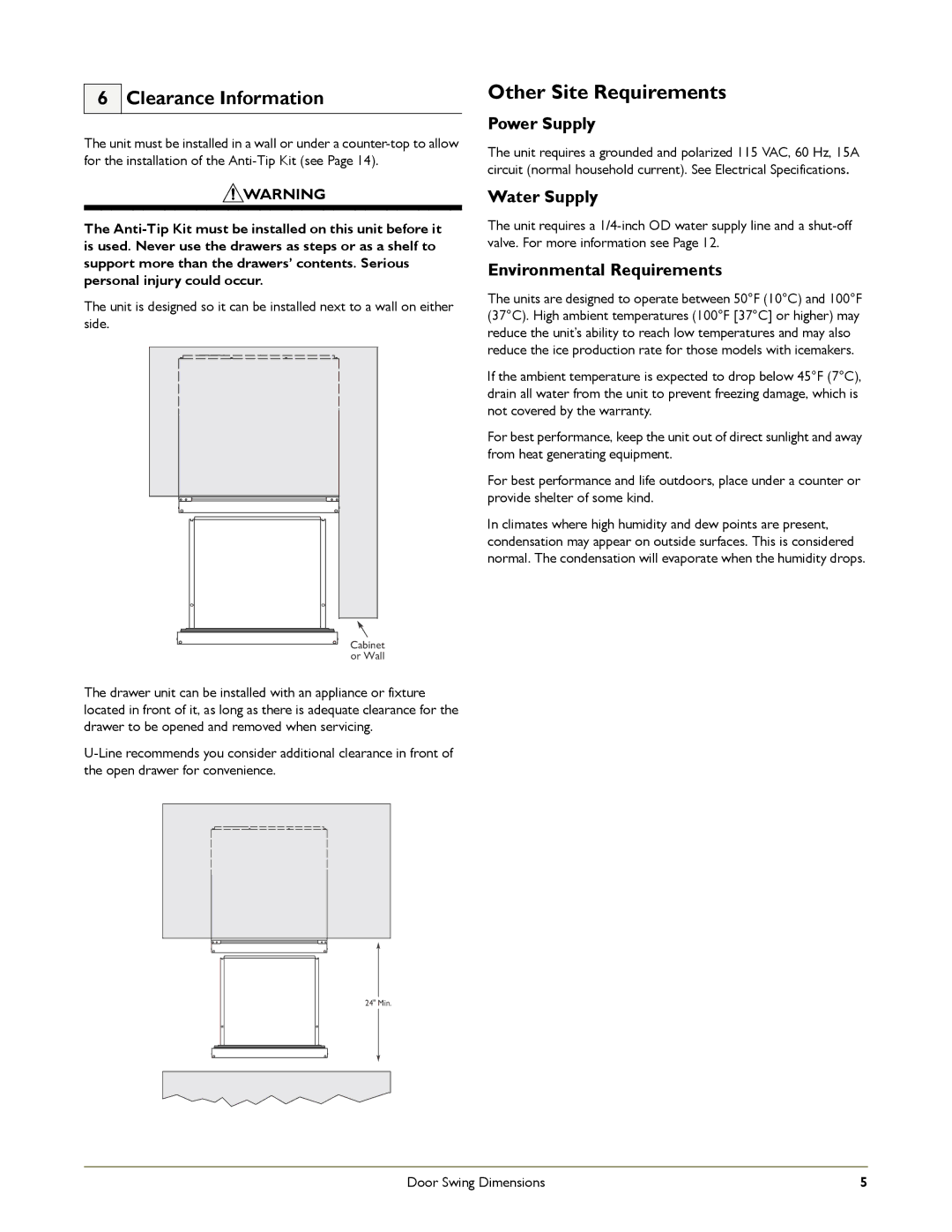 U-Line 2275DWRCS Other Site Requirements, Clearance Information, Power Supply, Water Supply, Environmental Requirements 