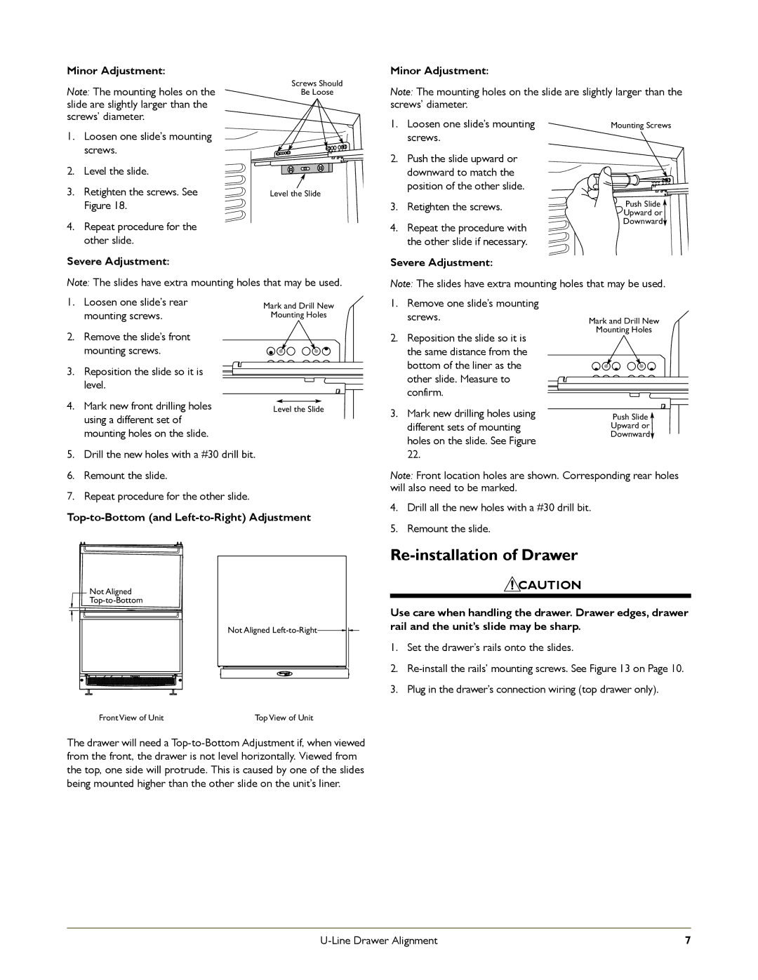 U-Line C2275DWRS, 2275DWRCOL, 2275DWRW, 2275DWRCS manual Re-installation of Drawer, Top-to-Bottom and Left-to-Right Adjustment 