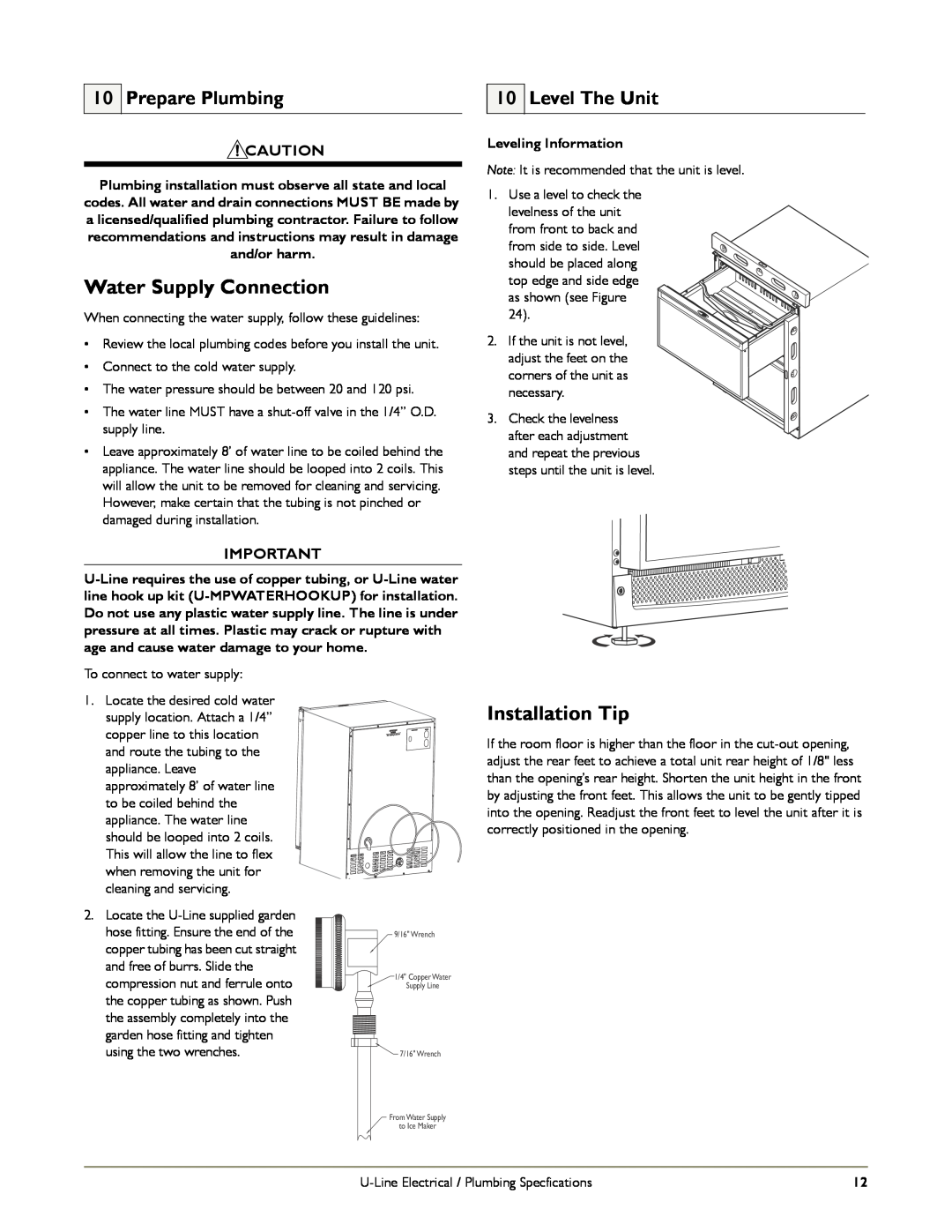 U-Line C2275DWRS manual Water Supply Connection, Installation Tip, Prepare Plumbing, Level The Unit, Leveling Information 