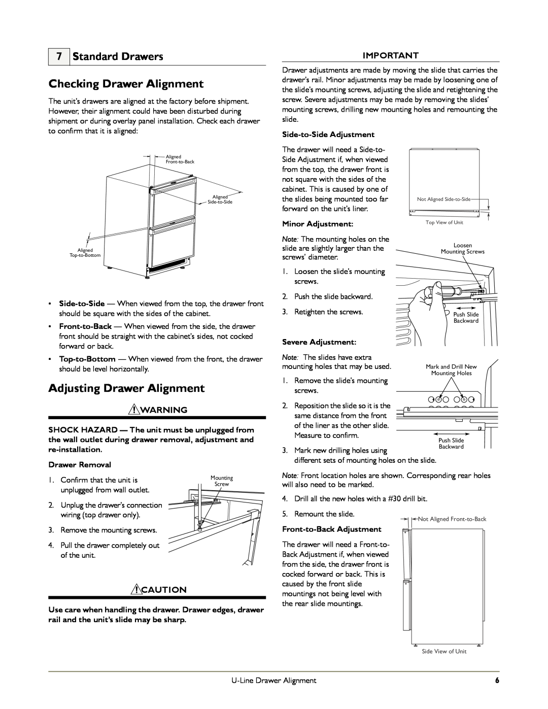 U-Line C2275DWROL, 2275DWRCOL manual Checking Drawer Alignment, Adjusting Drawer Alignment, Standard Drawers, Drawer Removal 