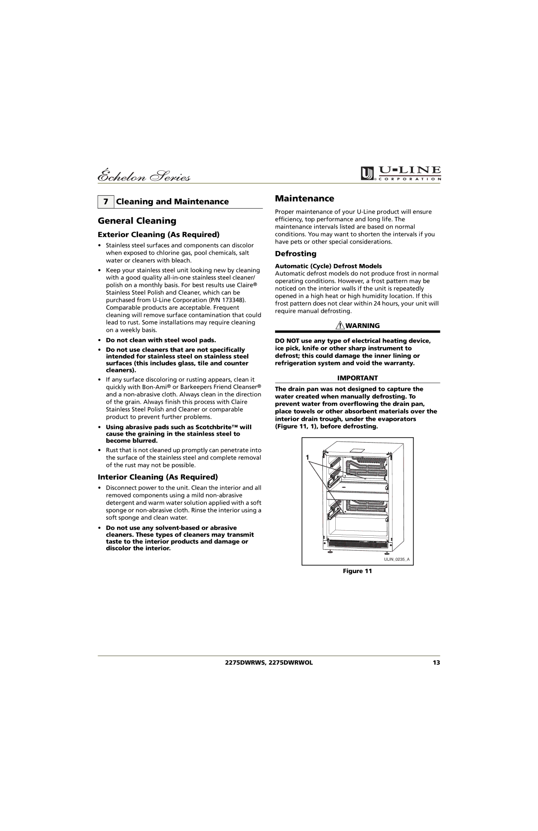 U-Line 2275DWRWS, 2275DWRWOL manual General Cleaning, Cleaning and Maintenance 