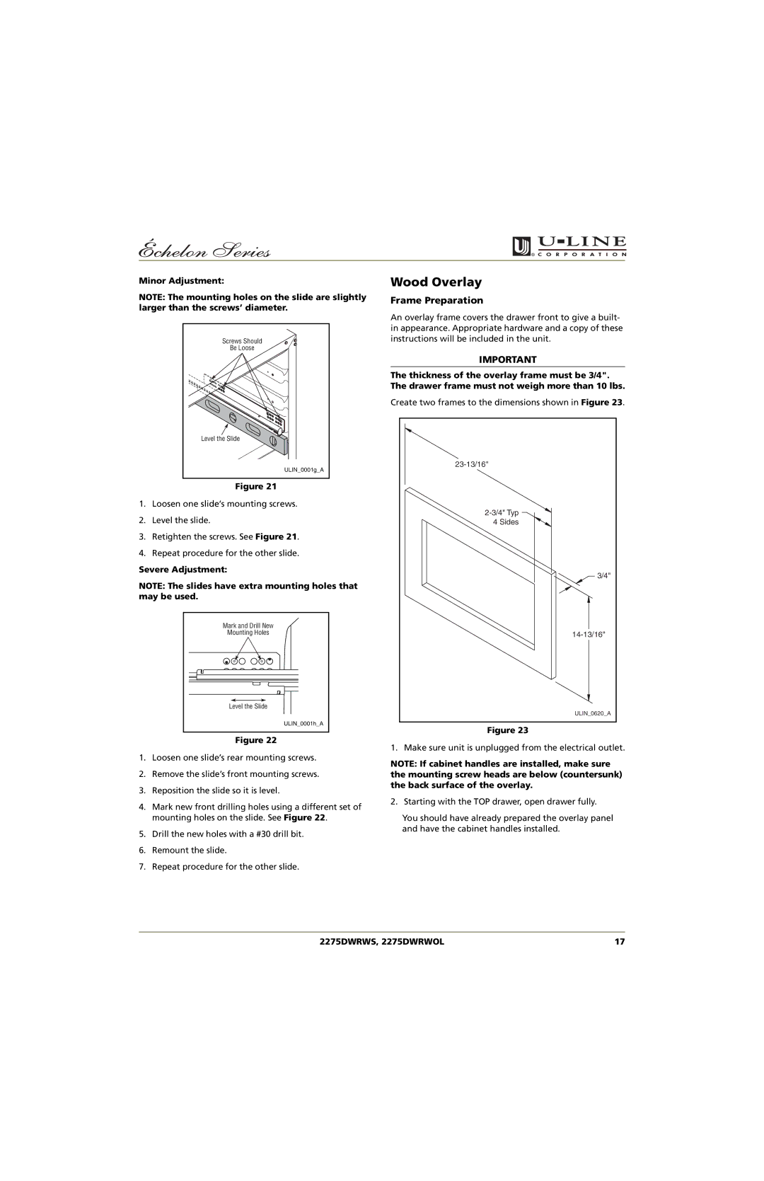 U-Line 2275DWRWS, 2275DWRWOL manual Wood Overlay, Frame Preparation 