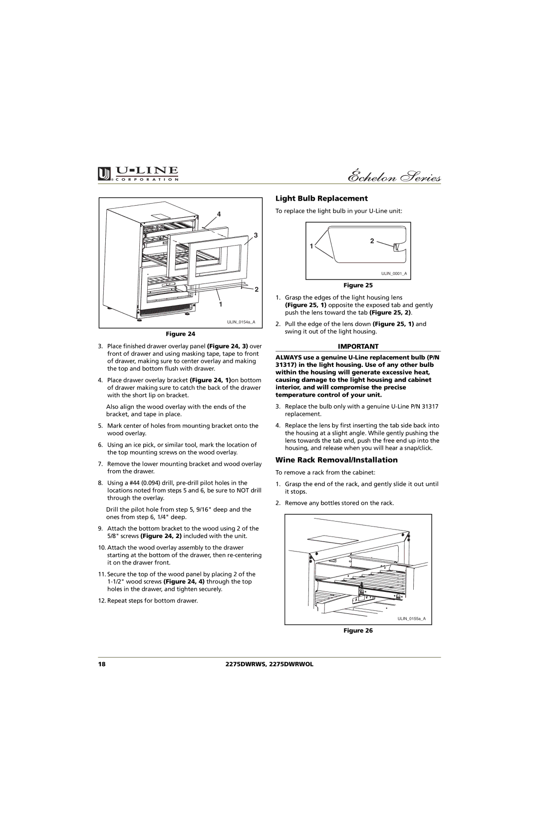 U-Line 2275DWRWS, 2275DWRWOL manual Light Bulb Replacement, Wine Rack Removal/Installation 