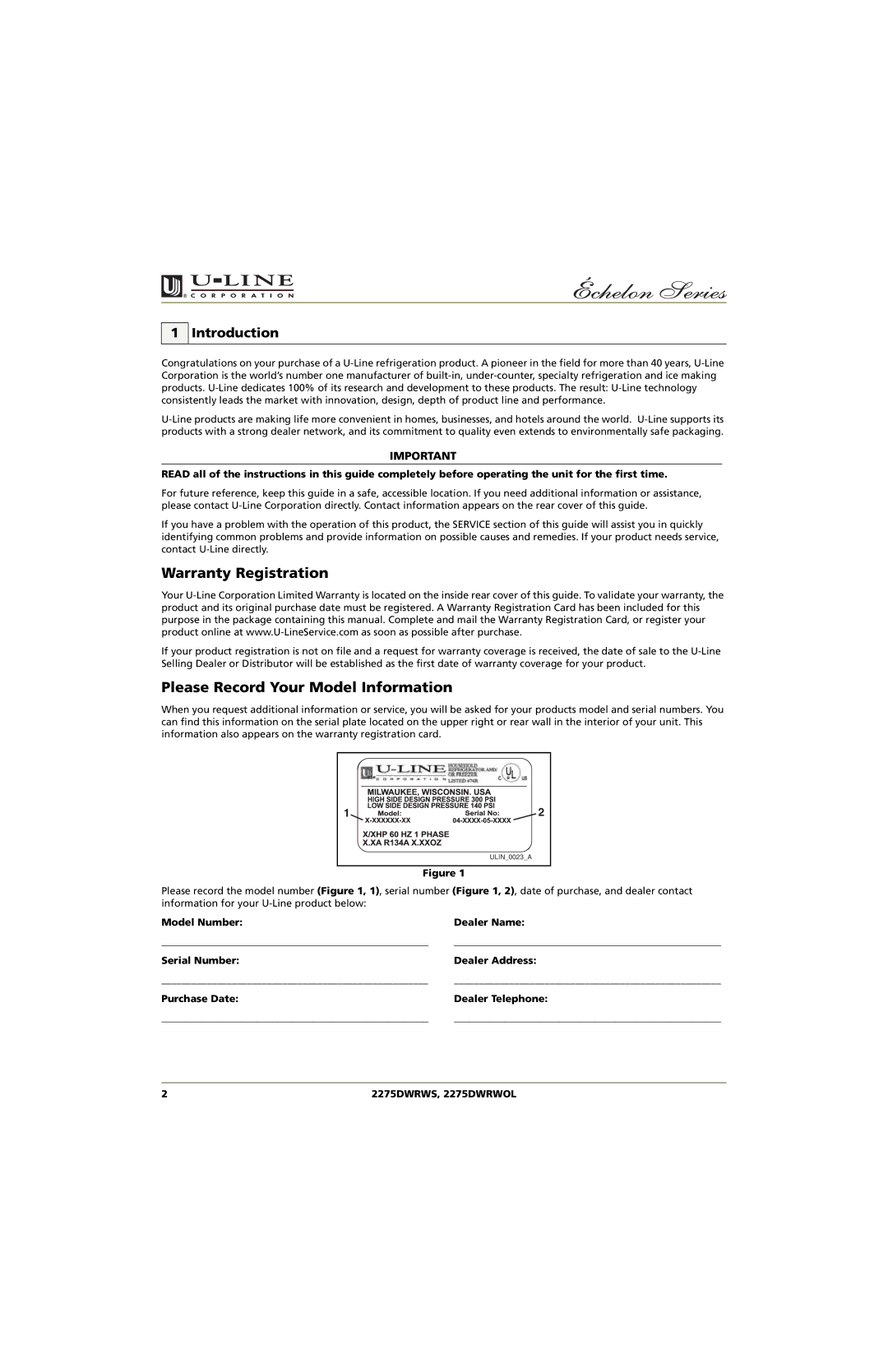 U-Line 2275DWRWS, 2275DWRWOL manual Warranty Registration, Please Record Your Model Information, Introduction 