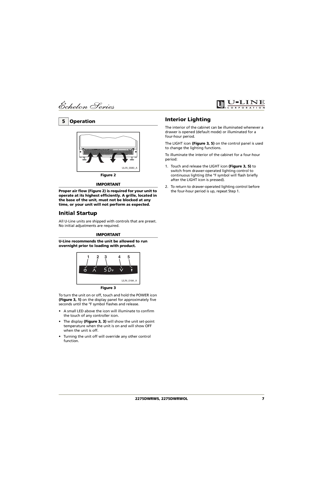 U-Line 2275DWRWS, 2275DWRWOL manual Initial Startup, Interior Lighting, Operation 