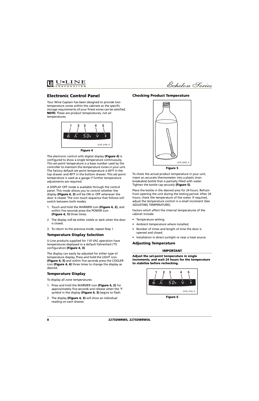 U-Line 2275DWRWOL manual Electronic Control Panel, Temperature Display Selection, Checking Product Temperature 