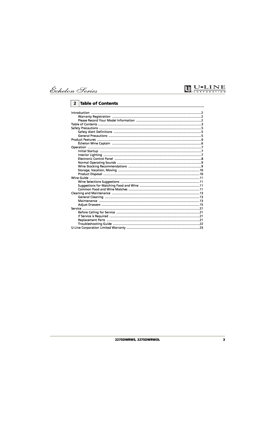 U-Line 2275DWRWS, 2275DWRWOL manual Table of Contents 
