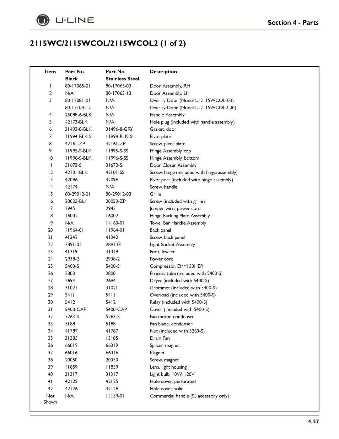 U-Line 2175WCOL, 2275DWRWS, 2275DWRWOL, CLRCO2175, CO2175F, CO2175/CO2275DWR, CLR2160, 2175RF, 2115R 2115WC/2115WCOL/2115WCOL2 1 