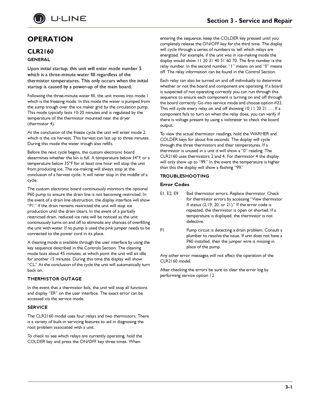 U-Line 2175WCOL, 2275DWRWS, 2275DWRWOL, CLRCO2175, CO2175F, 2175RF Operation, Error Codes, General, Thermistor Outage, Service 