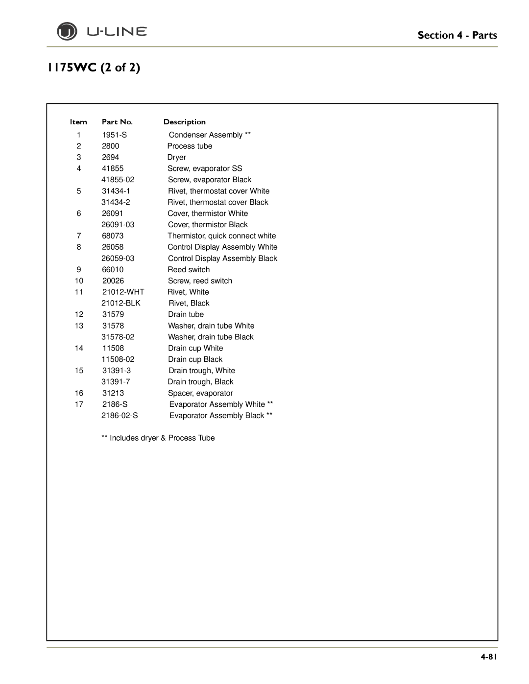 U-Line 2115WCOL, 2275DWRWS, 2175WCOL, 2275DWRWOL, CLRCO2175, CO2175F, CO2175/CO2275DWR, CLR2160, 2175RF, 2175BEV, 2115R 26058 