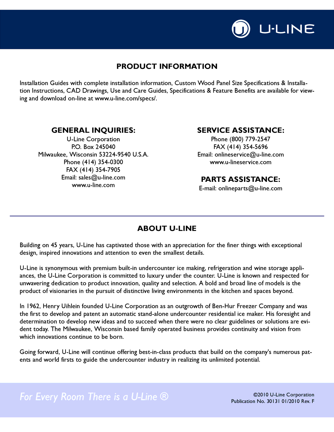 U-Line 2275DWRWS, 2175WCOL, 2275DWRWOL, CLRCO2175, CO2175F, CO2175/CO2275DWR, CLR2160, 2175RF Product Information, About U-LINE 