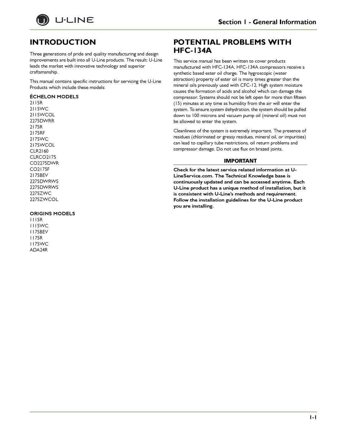 U-Line 2275DWRWOL, 2275DWRWS Introduction, Potential Problems with HFC-134A, Échelon Models 2115R, Origins Models 1115R 