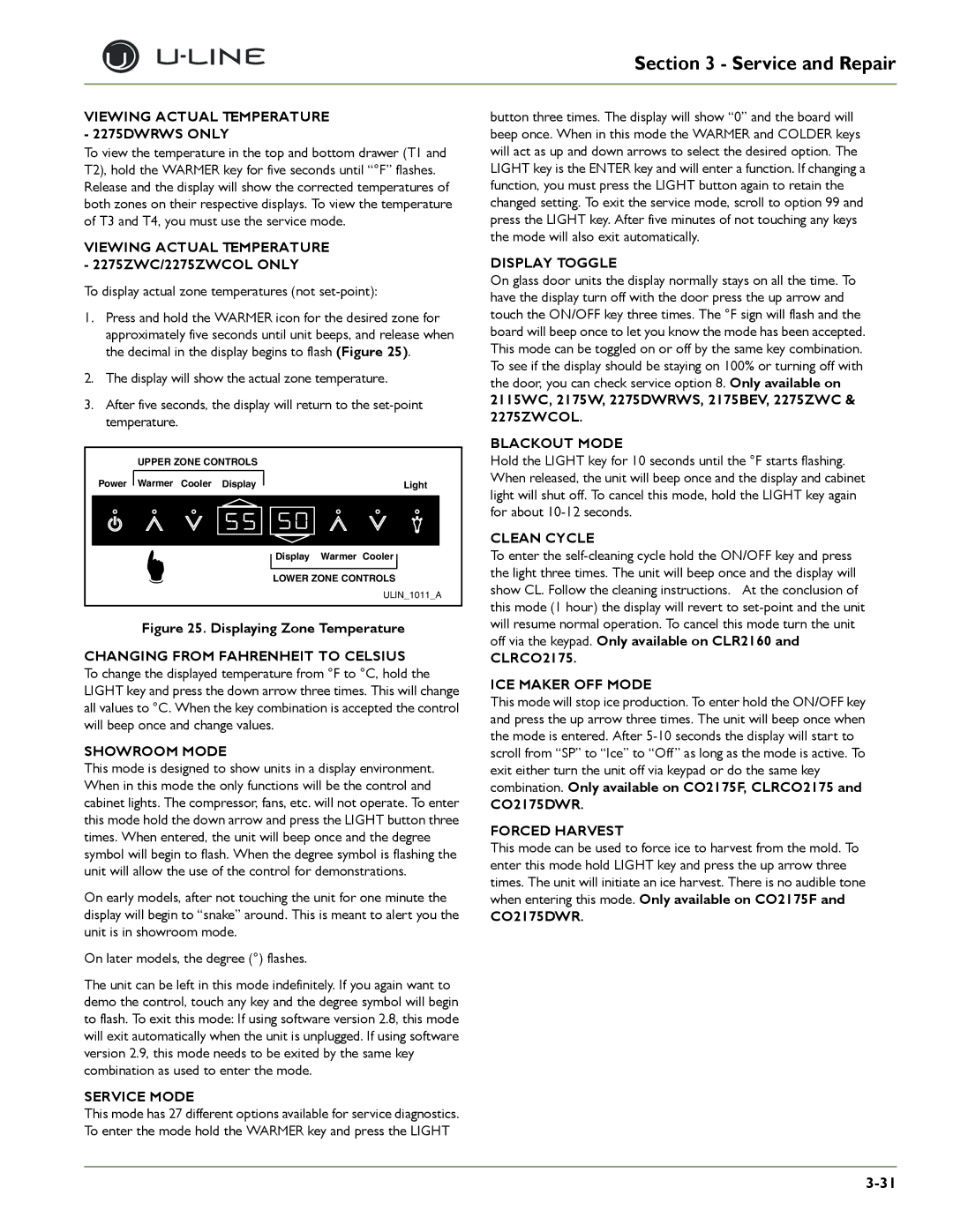 U-Line 2175WCOL Viewing Actual Temperature 2275DWRWS only, Viewing Actual Temperature 2275ZWC/2275ZWCOL only, Service Mode 