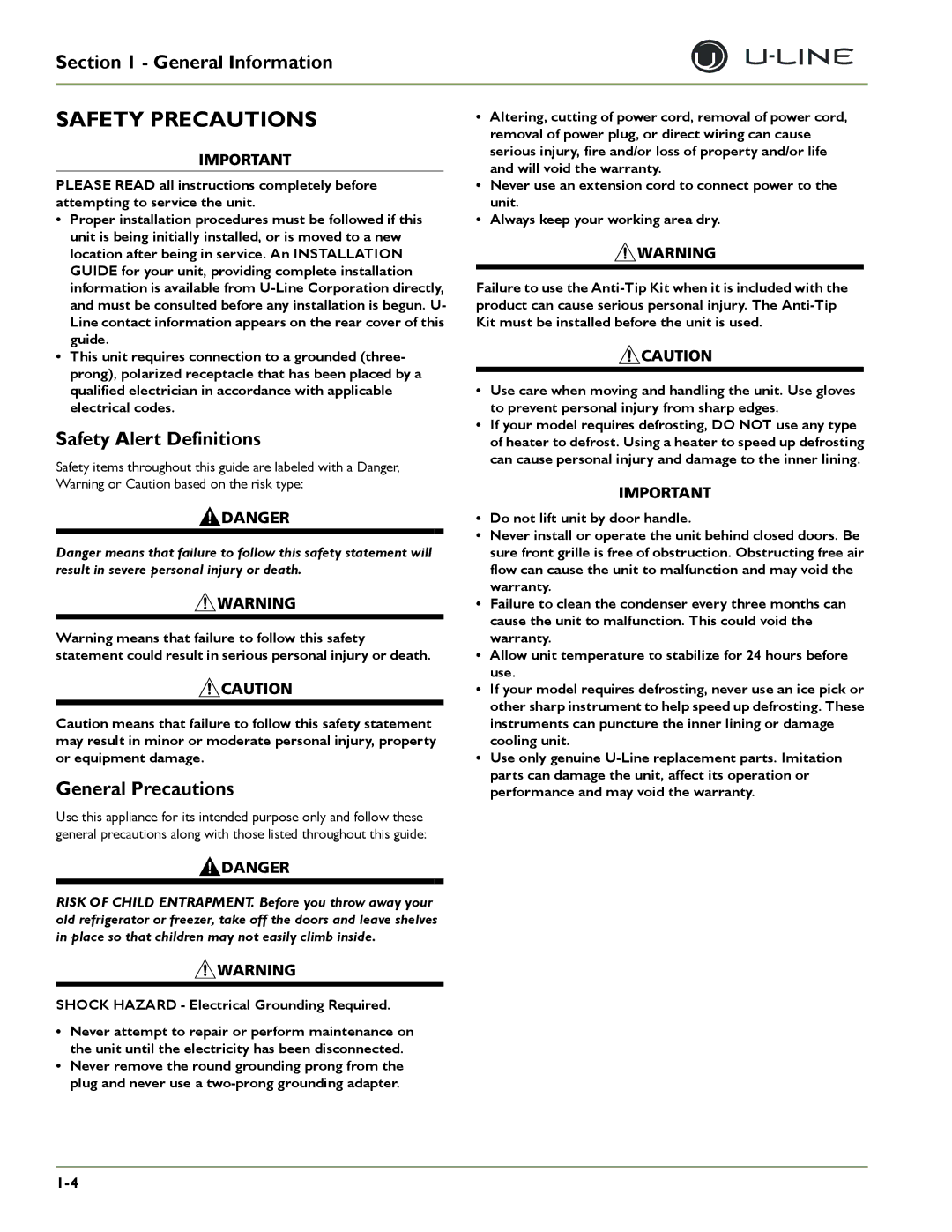 U-Line CO2175/CO2275DWR, 2275DWRWS, 2175WCOL, 2275DWRWOL, CLRCO2175, CO2175F Safety Precautions, Safety Alert Definitions 