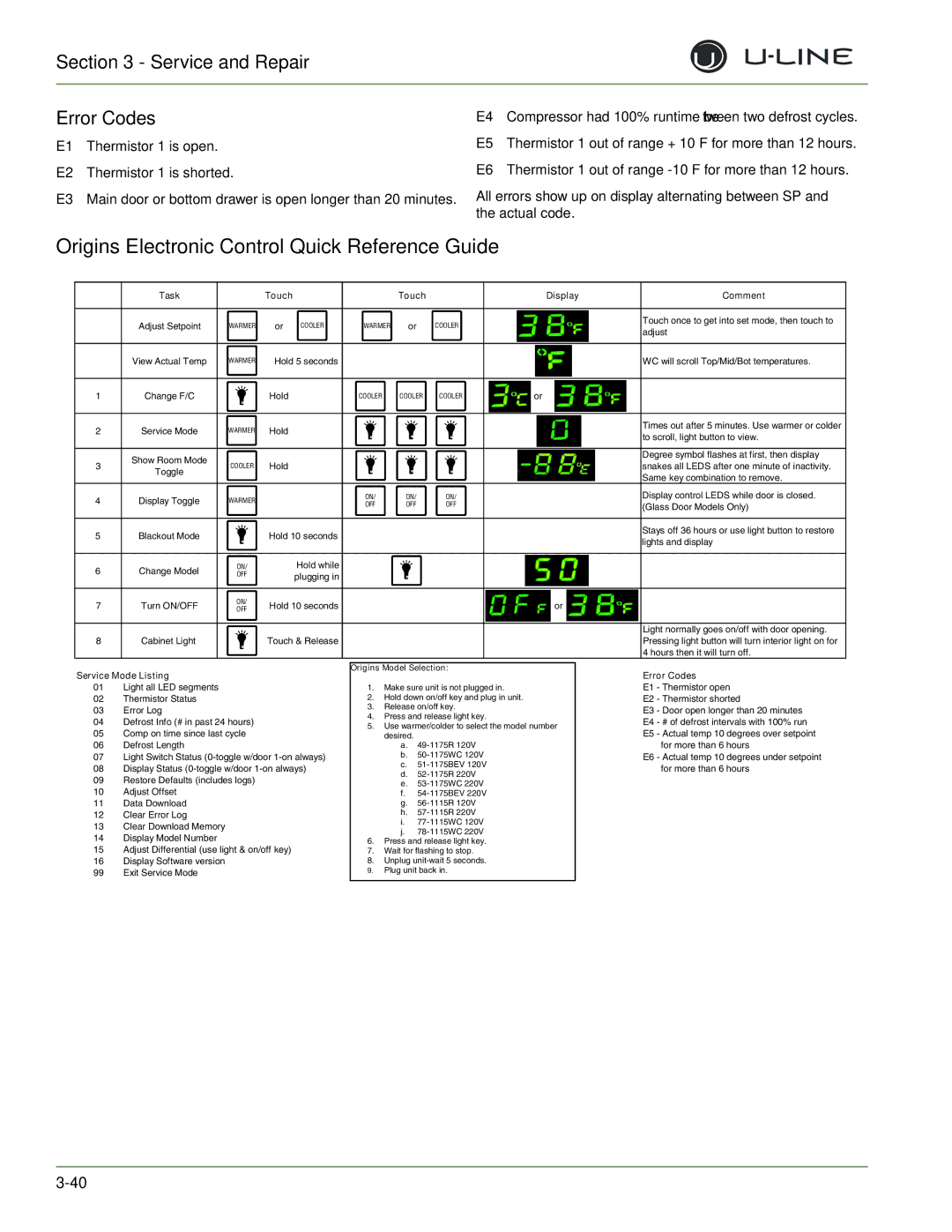 U-Line 2115WCOL, 2275DWRWS, 2175WCOL, 2275DWRWOL, CLRCO2175, CO2175F, CLR2160 Origins Electronic Control Quick Reference Guide 