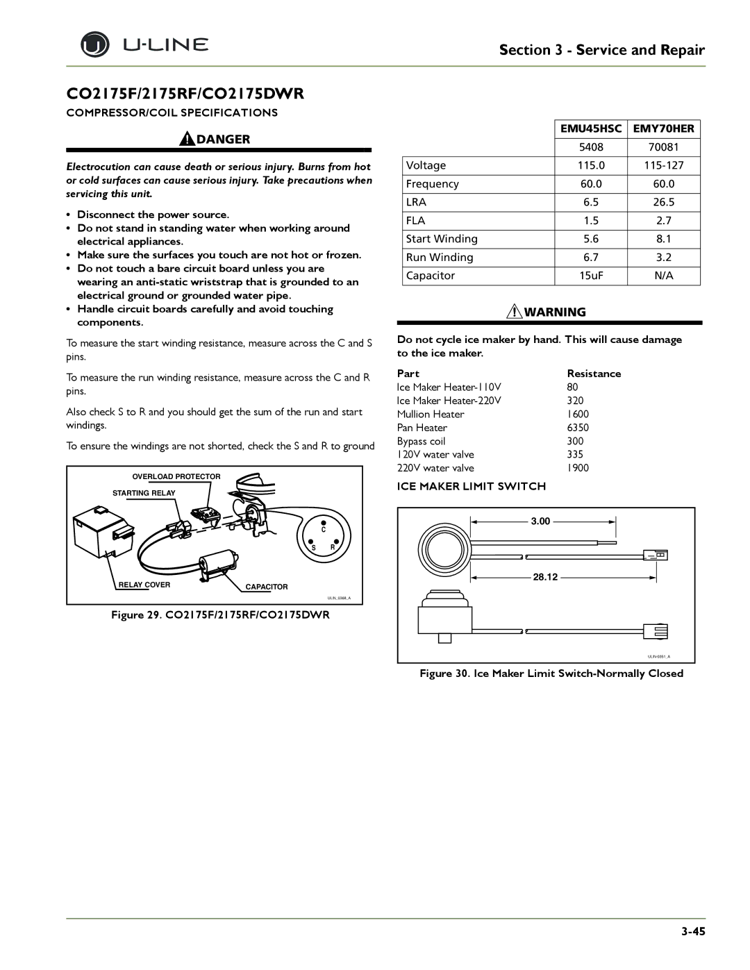 U-Line 2275DWRWS, 2175WCOL, 2275DWRWOL, CLRCO2175, CO2175/CO2275DWR, CLR2160 CO2175F/2175RF/CO2175DWR, ICE Maker Limit Switch 