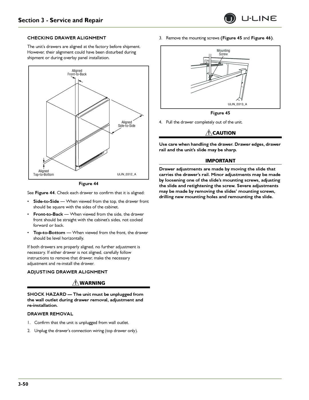 U-Line CO2175/CO2275DWR, 2275DWRWS, 2175WCOL, CO2175F Checking Drawer Alignment, Adjusting Drawer Alignment, Drawer Removal 