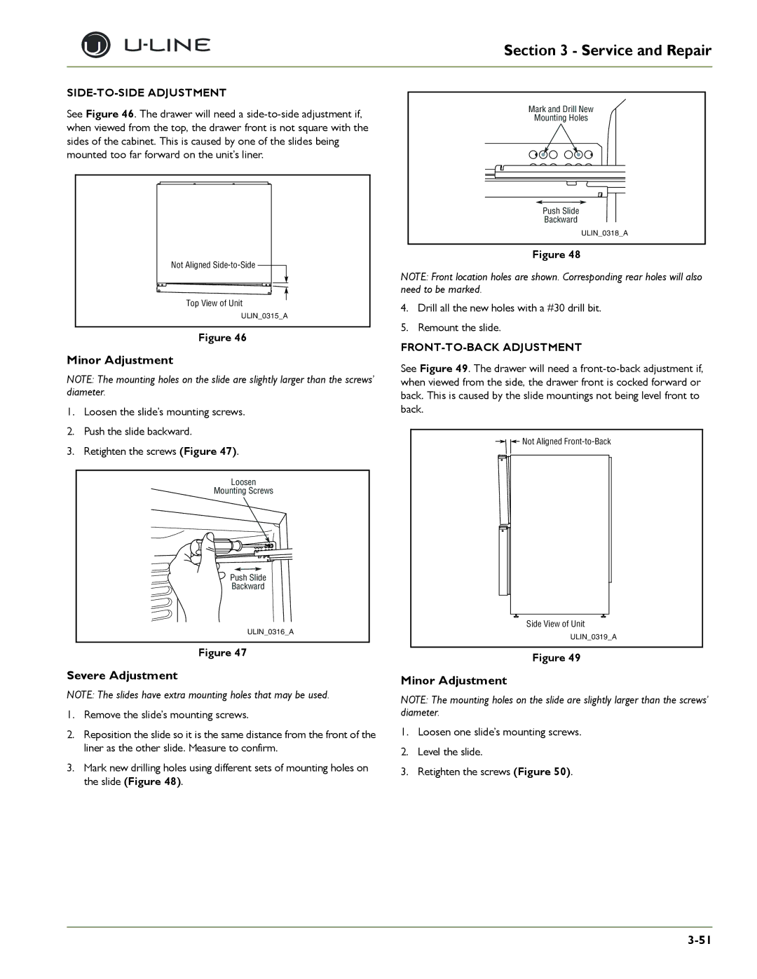 U-Line CLR2160, 2275DWRWS, 2175WCOL Minor Adjustment, Severe Adjustment, SIDE-TO-SIDE Adjustment, FRONT-TO-BACK Adjustment 