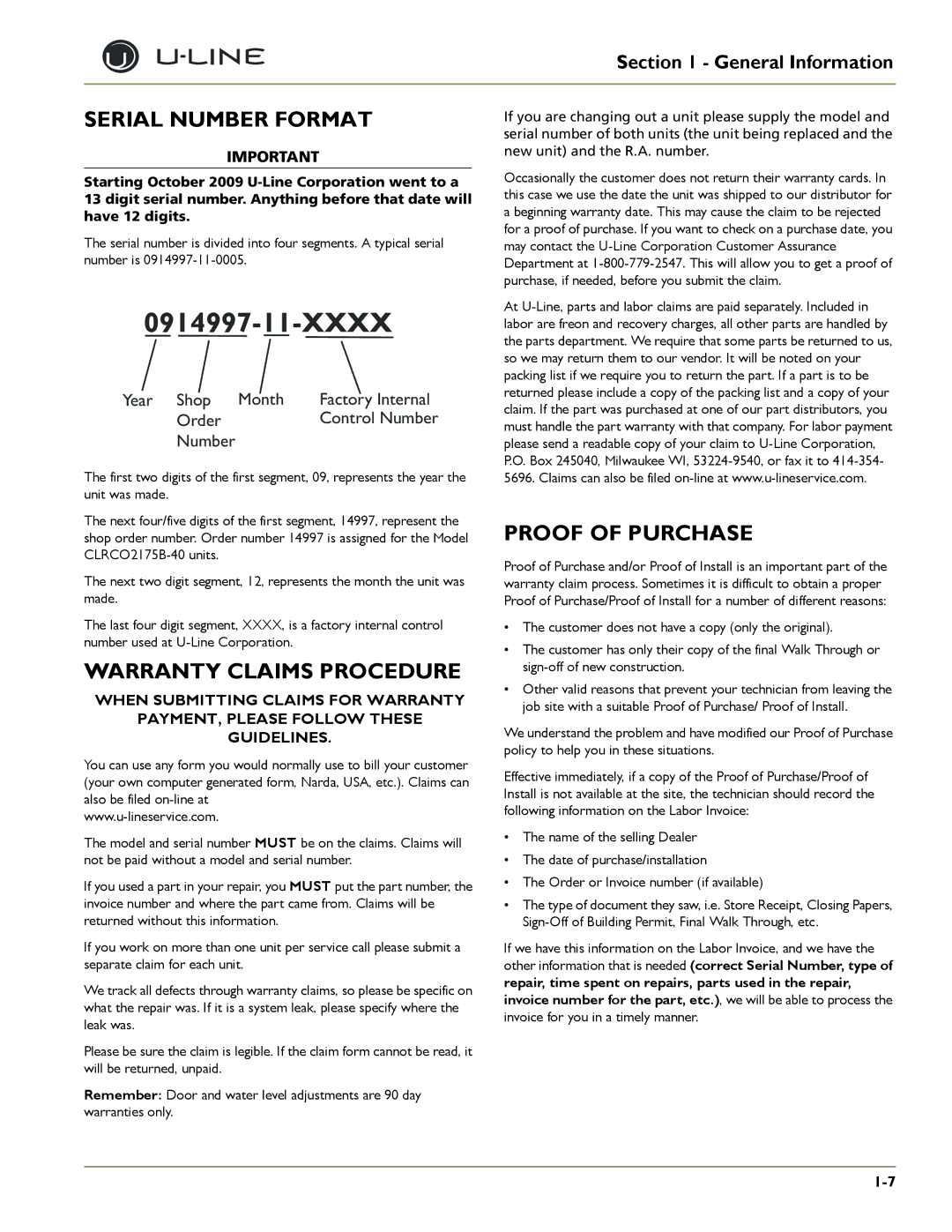 U-Line 2275DWRWS, 2175WCOL, 2275DWRWOL, CLRCO2175 Serial Number Format, Warranty Claims Procedure, Proof of Purchase 