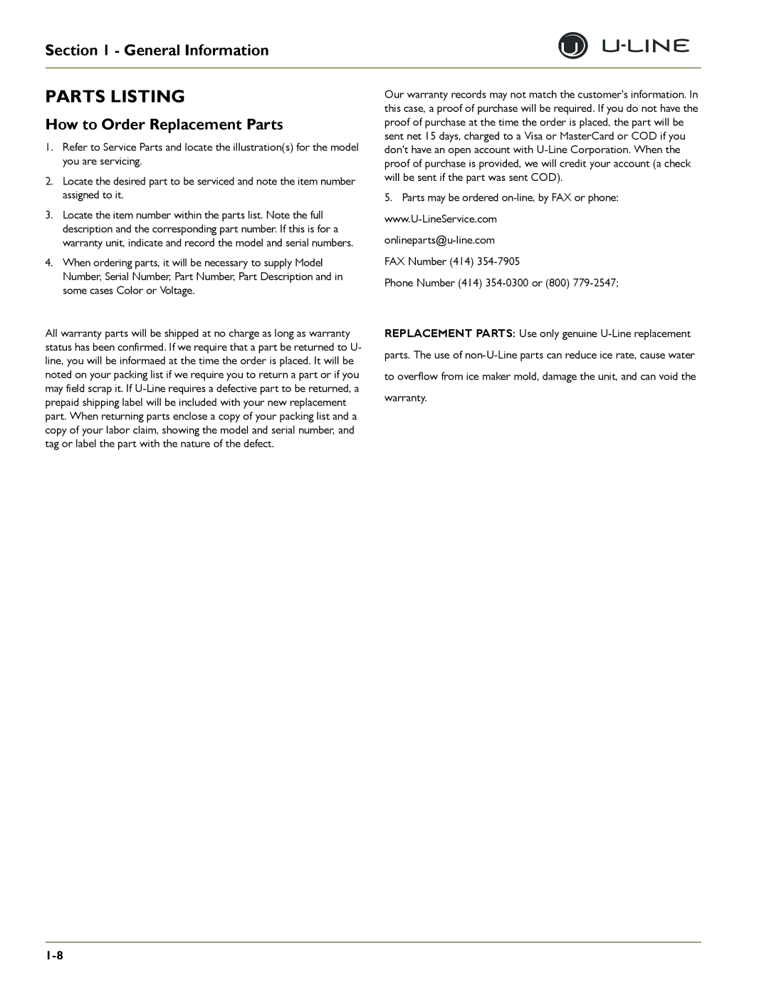 U-Line 2175BEV, 2275DWRWS, 2175WCOL, 2275DWRWOL, CLRCO2175, CO2175F, CLR2160 Parts Listing, How to Order Replacement Parts 