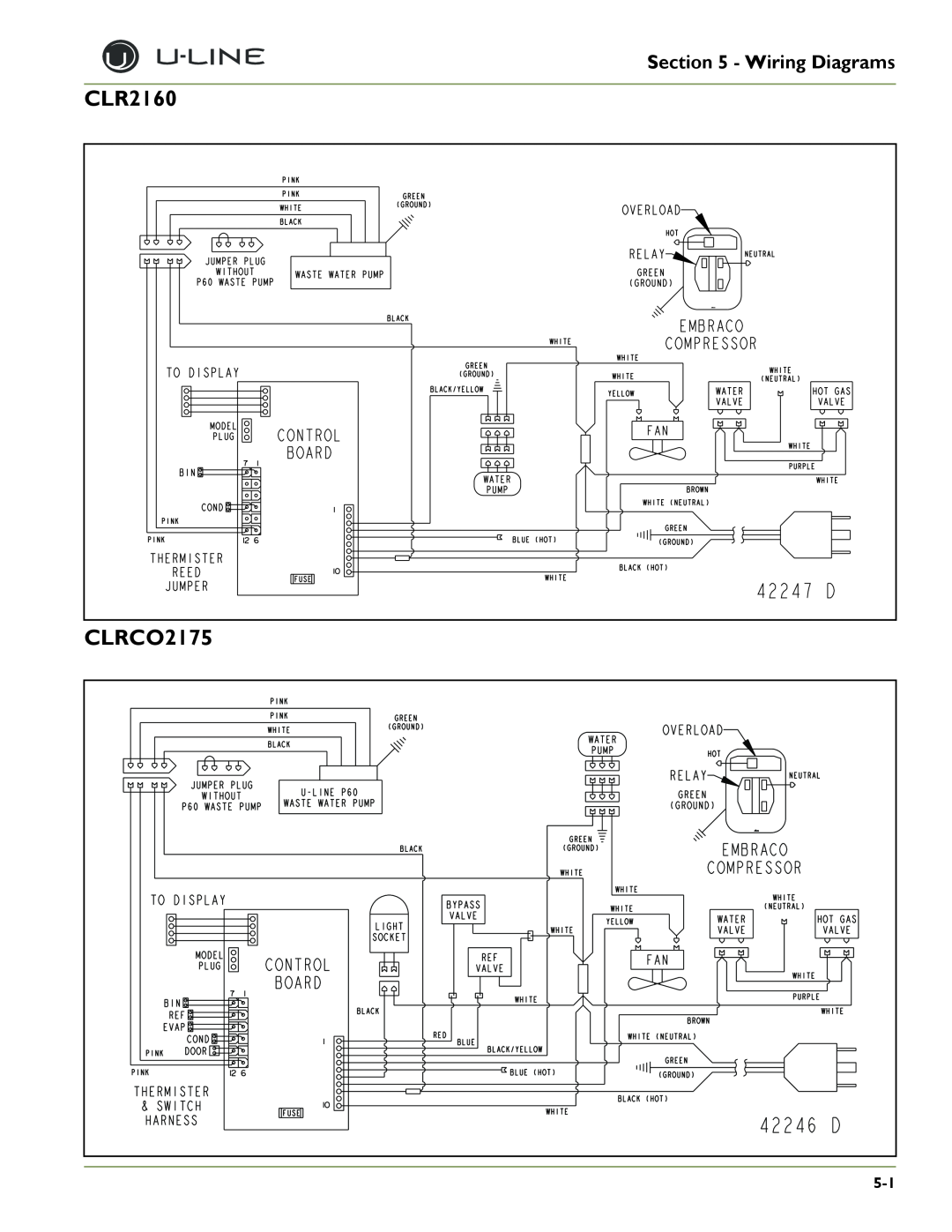 U-Line 2175BEV Wiring Diagrams, CLR2160, CLRCO2175, 42247, Embraco, Compressor, Control, Board, Overload, Relay, Reed 