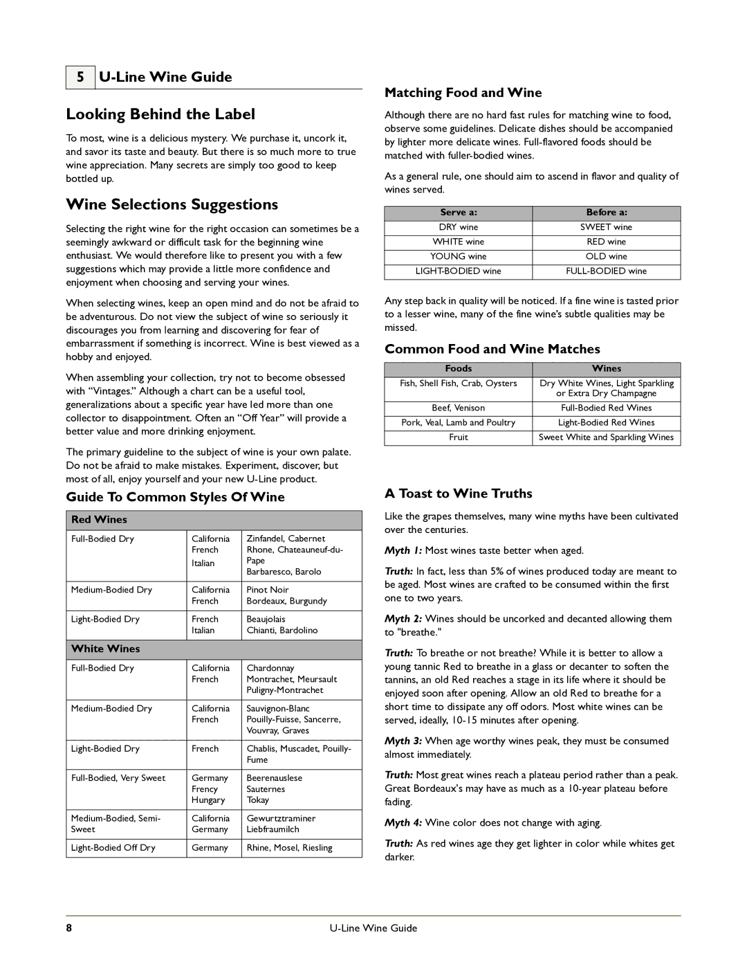 U-Line 2275ZWCOL manual Looking Behind the Label, Wine Selections Suggestions, Line Wine Guide, Red Wines, White Wines 