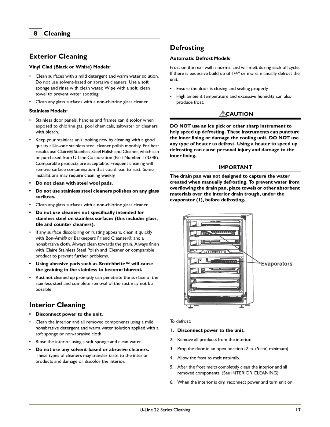 U-Line 2275ZWCOL manual Exterior Cleaning, Interior Cleaning, Defrosting 