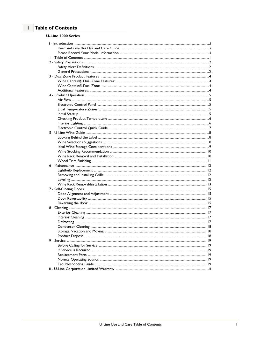 U-Line 2275ZWCOL manual Table of Contents 