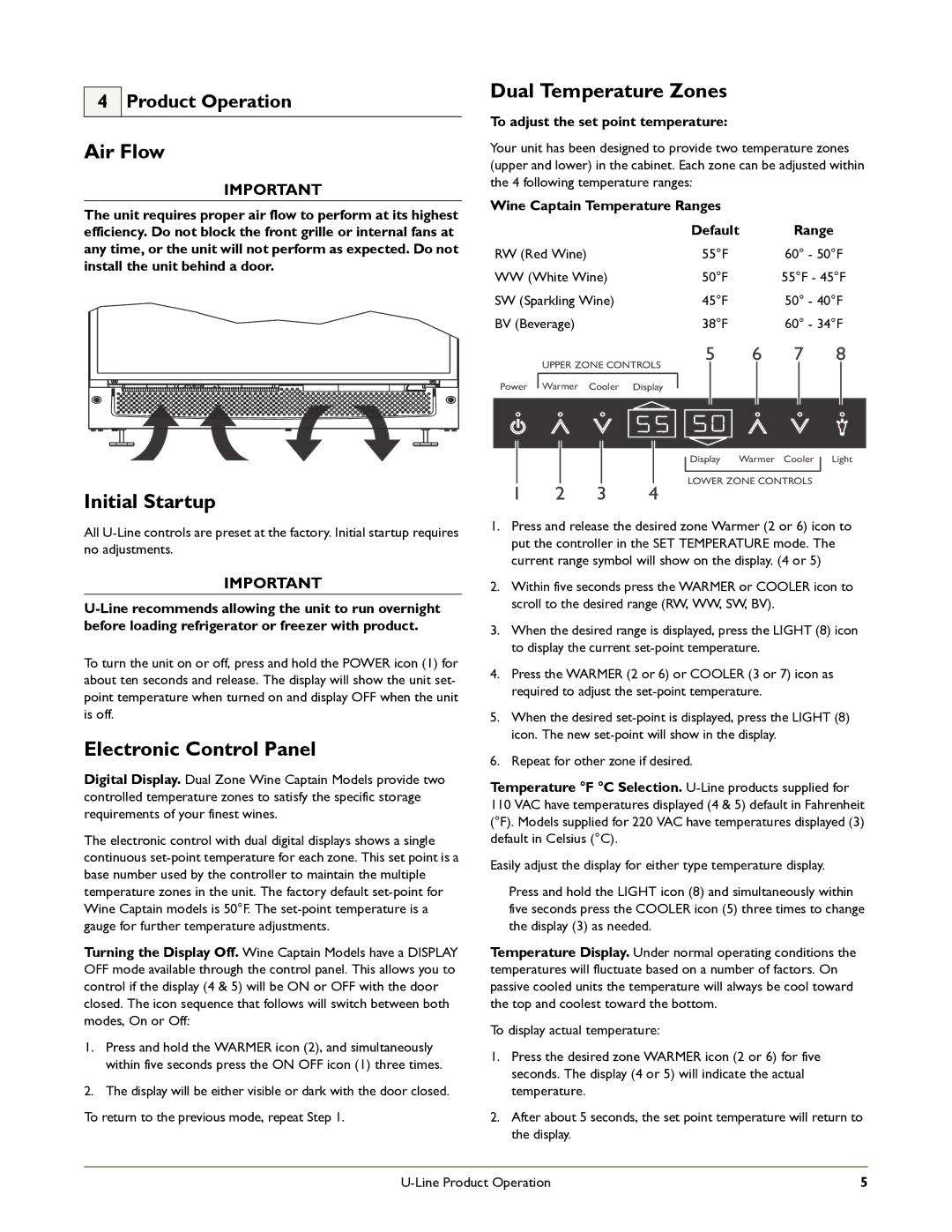 U-Line 2275ZWCOL manual Air Flow, Initial Startup, Electronic Control Panel, Dual Temperature Zones, Product Operation 