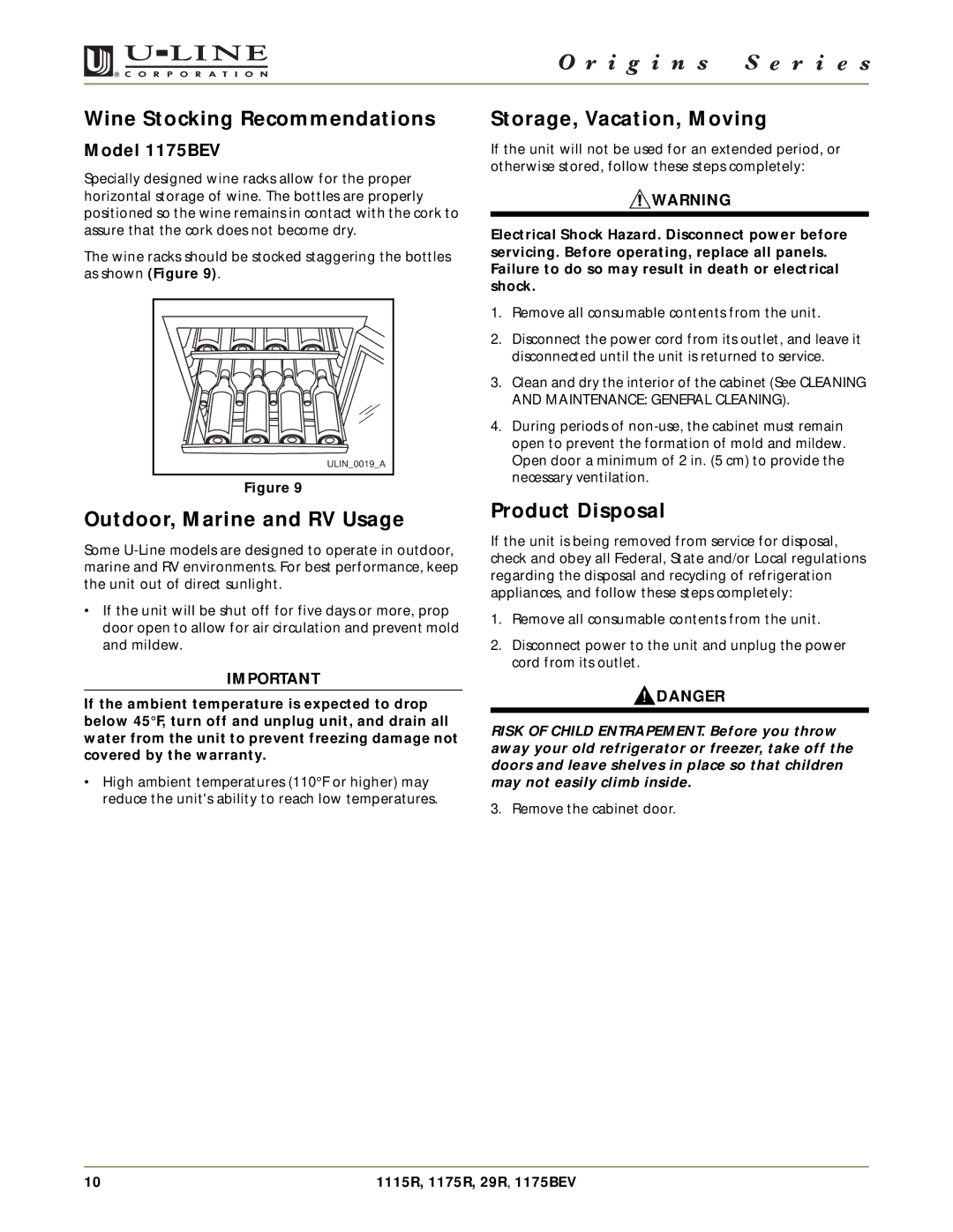 U-Line 1175R, 29R Wine Stocking Recommendations, Outdoor, Marine and RV Usage, Storage, Vacation, Moving, Product Disposal 