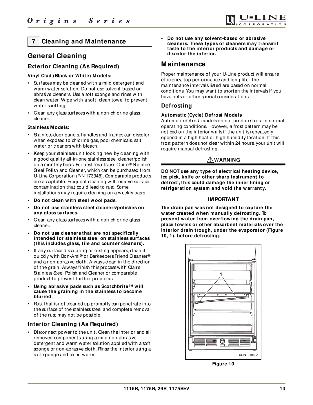 U-Line 1175BEV, 29R, 1175R, 1115R manual General Cleaning, Cleaning and Maintenance 