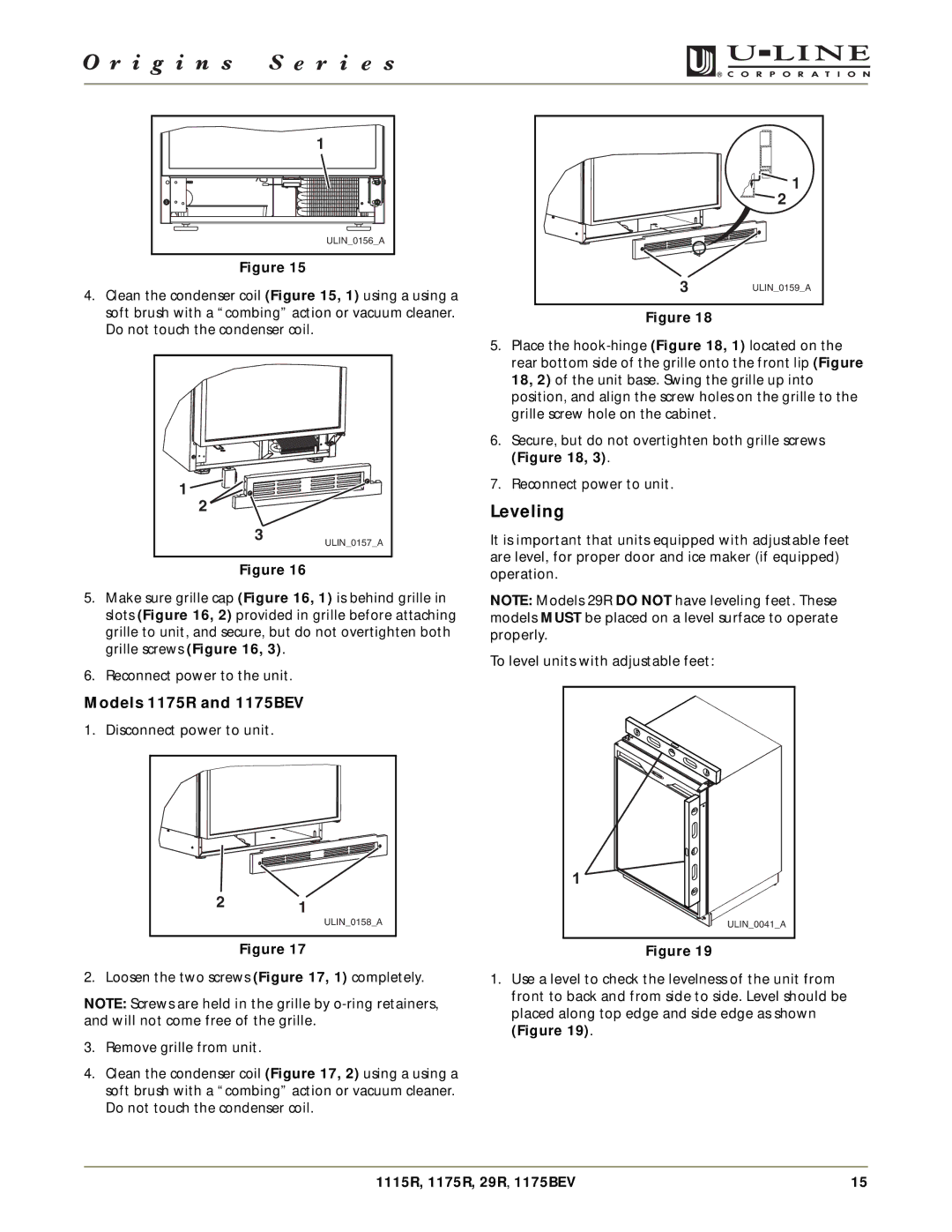 U-Line 1115R, 29R manual Leveling, Models 1175R and 1175BEV 