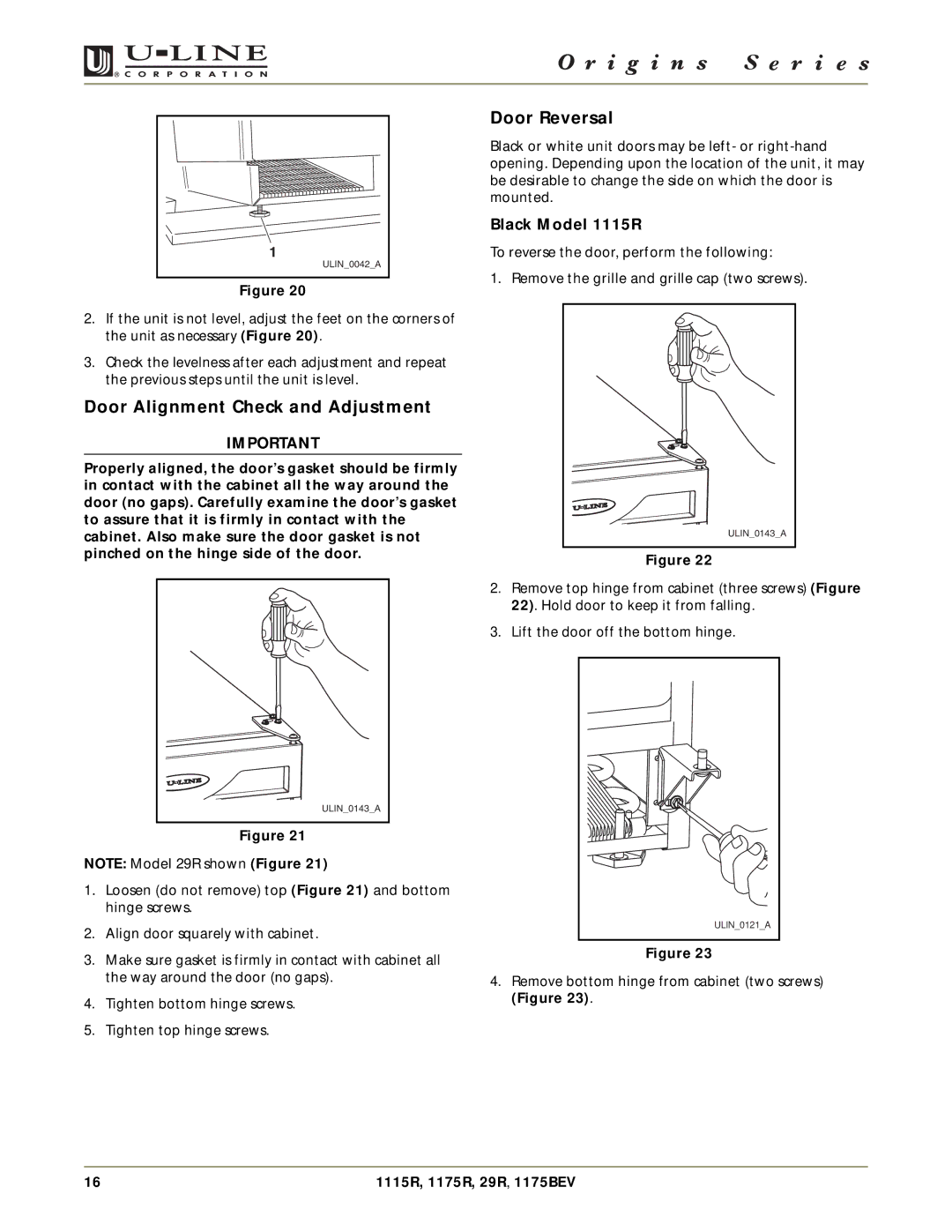 U-Line 29R, 1175BEV, 1175R manual Door Alignment Check and Adjustment, Door Reversal, Black Model 1115R 