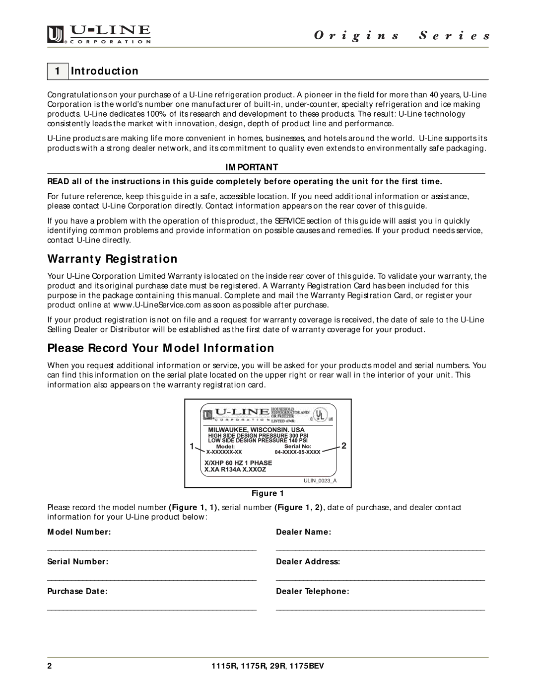 U-Line 1175R, 29R, 1175BEV, 1115R manual Warranty Registration, Please Record Your Model Information, Introduction 