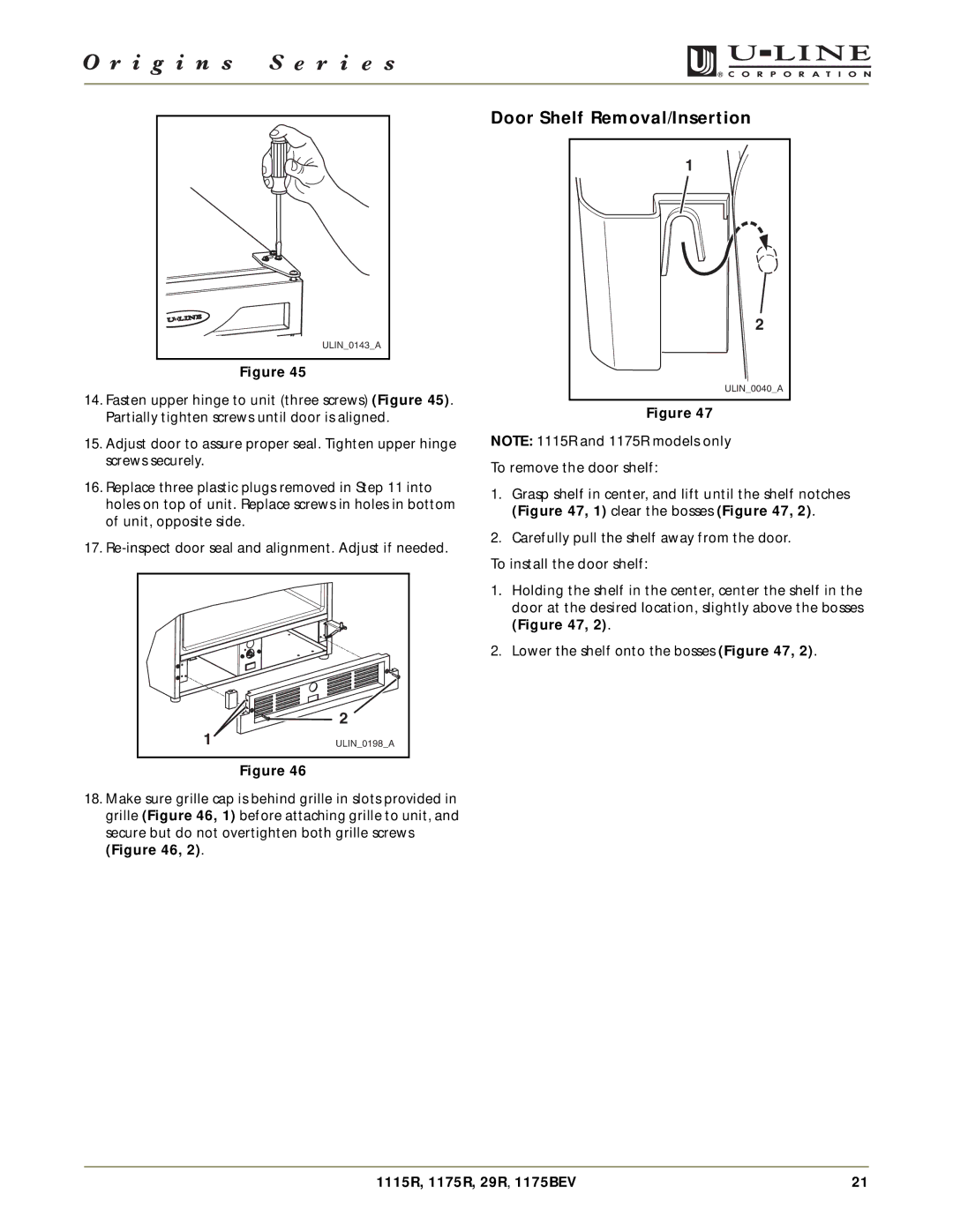 U-Line 1175BEV, 29R, 1175R, 1115R manual Door Shelf Removal/Insertion 