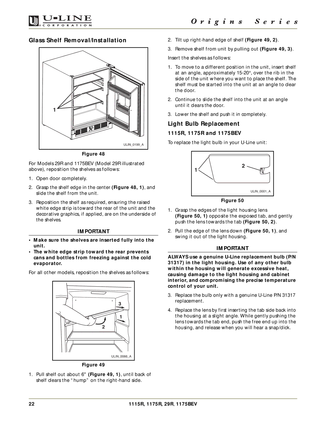 U-Line 29R manual Glass Shelf Removal/Installation, Light Bulb Replacement, 1115R, 1175R and 1175BEV 