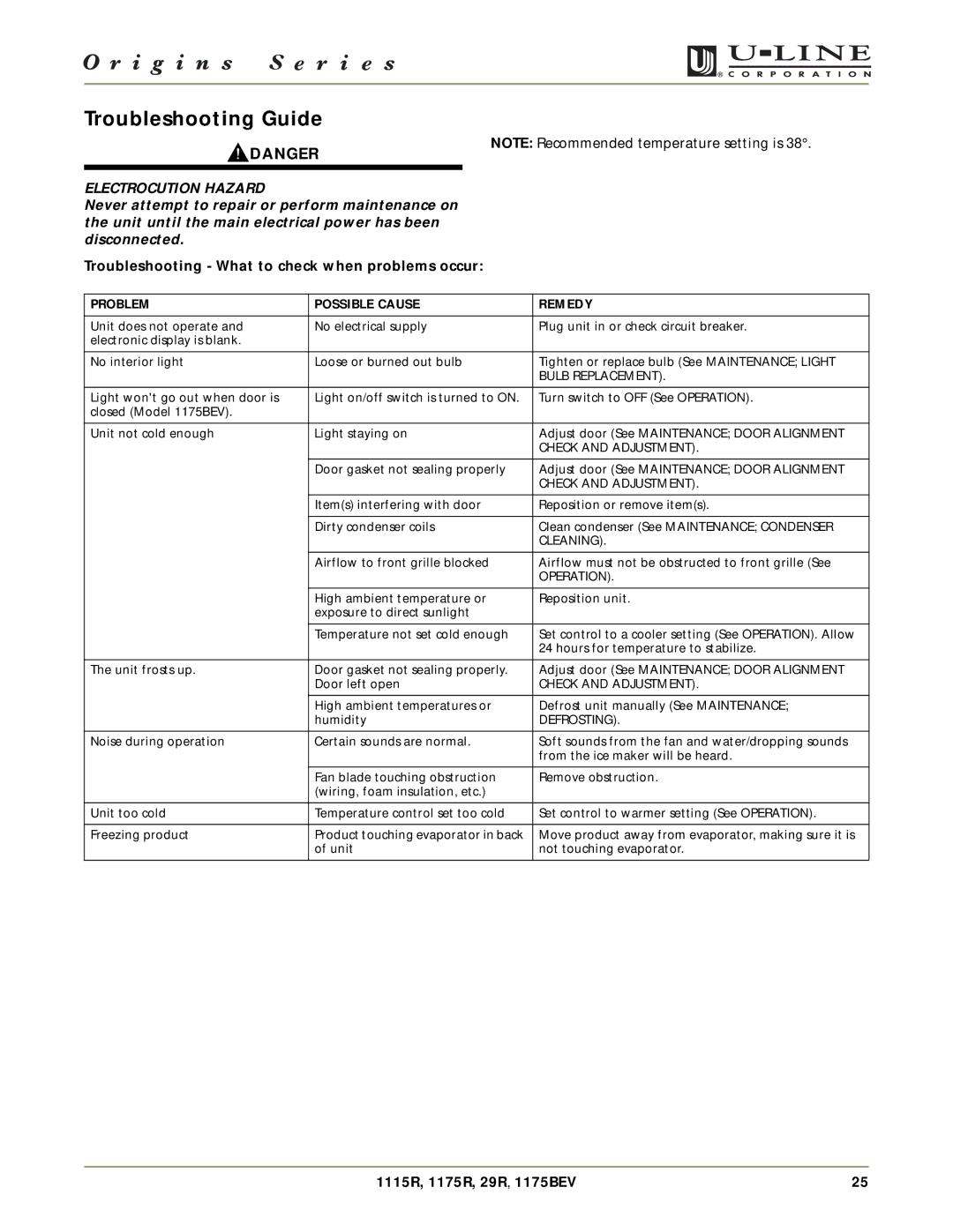 U-Line 1175BEV, 29R, 1175R, 1115R manual Troubleshooting Guide, Troubleshooting What to check when problems occur 