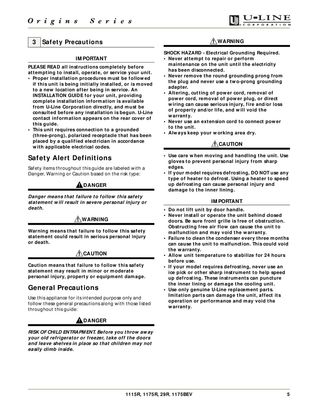 U-Line 1175BEV, 29R, 1175R, 1115R manual Safety Alert Definitions, General Precautions, Safety Precautions 