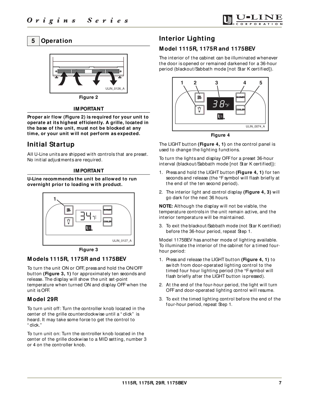 U-Line 1115R, 29R, 1175BEV, 1175R manual Initial Startup, Interior Lighting, Operation 
