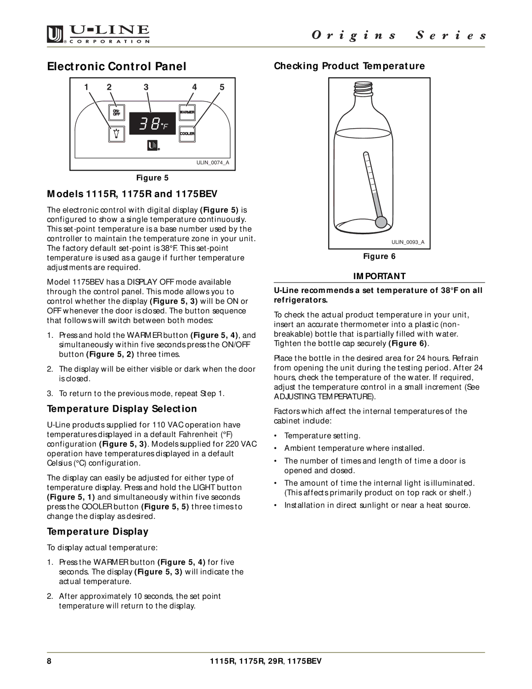 U-Line 29R, 1175BEV, 1175R, 1115R manual Electronic Control Panel, Temperature Display Selection, Checking Product Temperature 