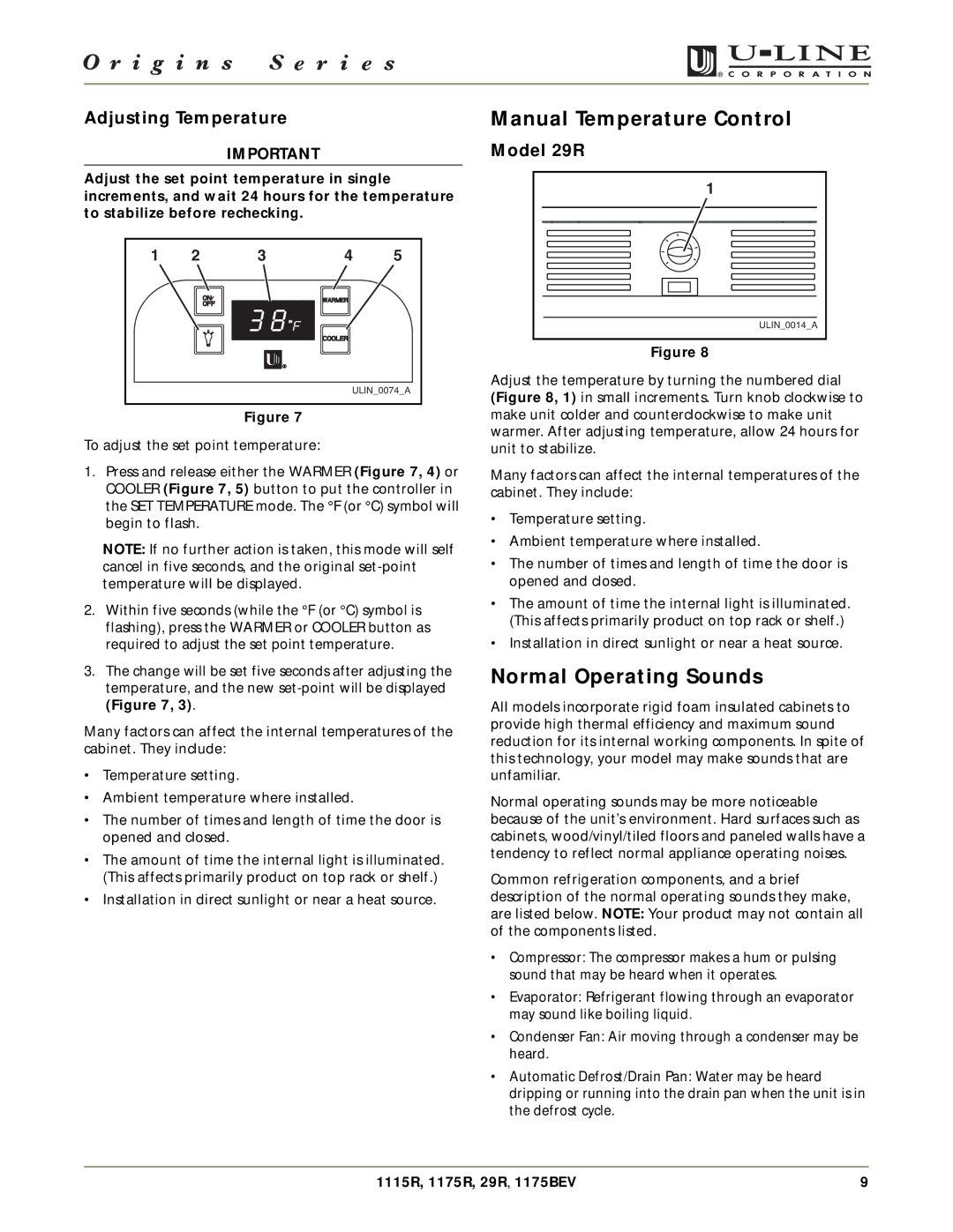 U-Line 1175BEV, 29R, 1175R, 1115R manual Manual Temperature Control, Normal Operating Sounds, Adjusting Temperature 