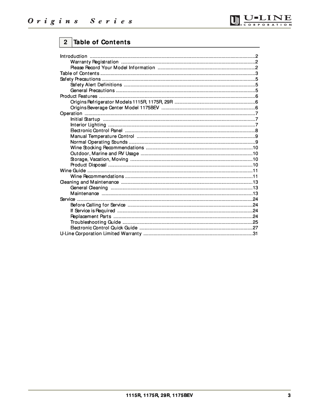 U-Line manual Table of Contents, 1115R, 1175R, 29R, 1175BEV 
