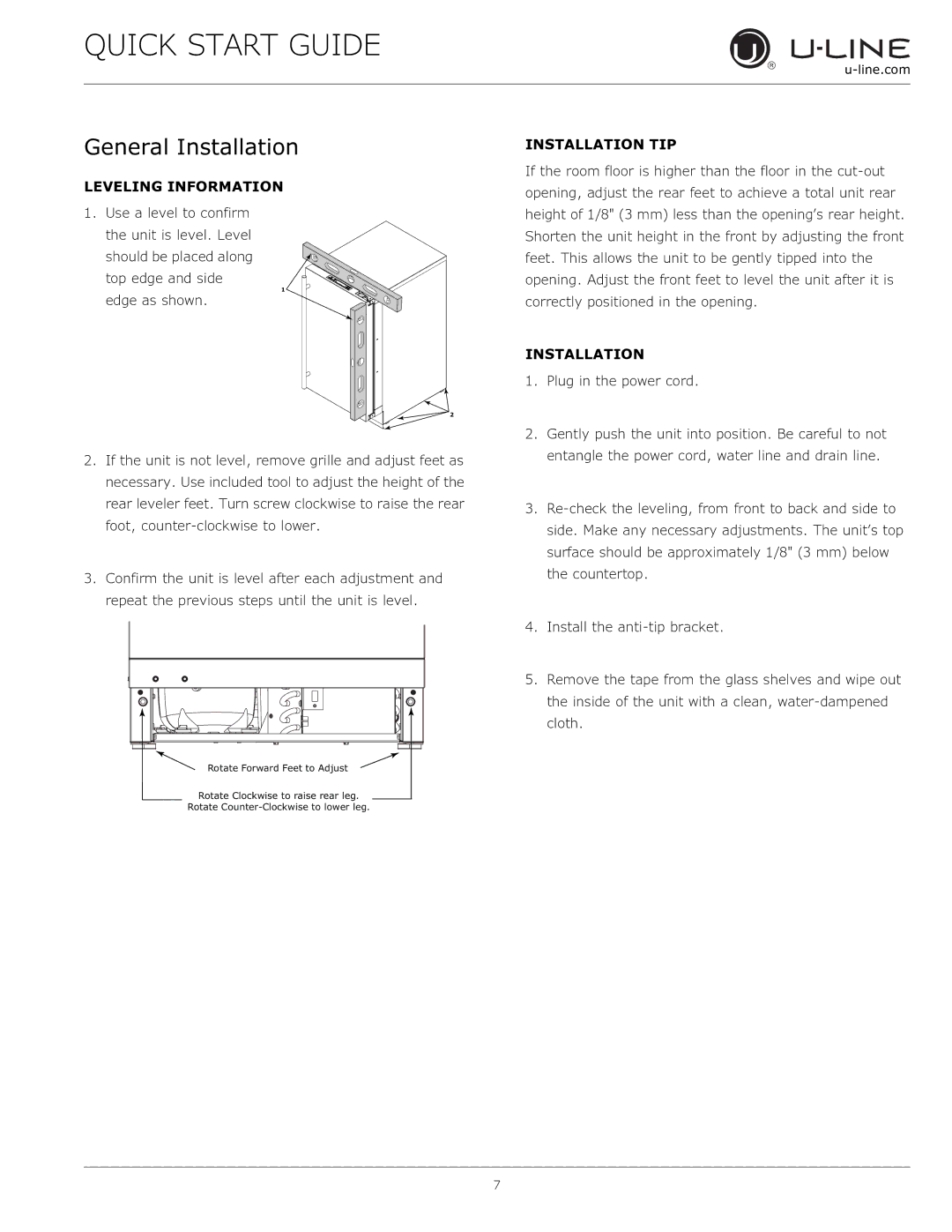 U-Line 3018 CLR  115 V / 60 Hz quick start General Installation, Leveling Information, Installation TIP 