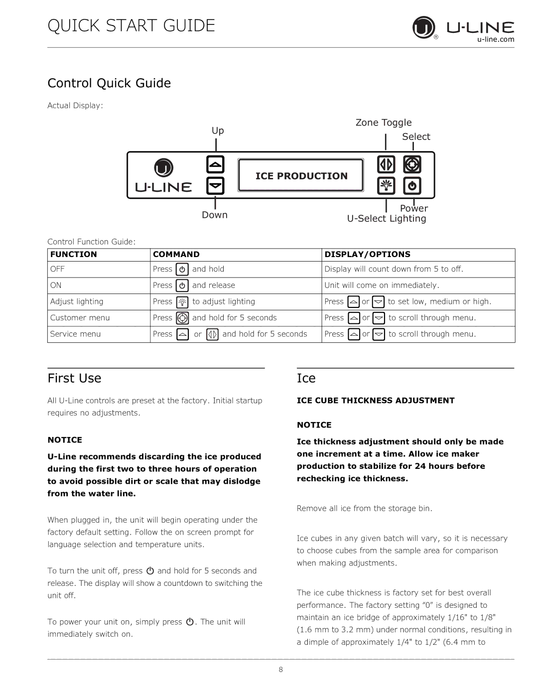 U-Line 3018 CLR  115 V / 60 Hz quick start Control Quick Guide, First Use, Ice, Function Command DISPLAY/OPTIONS 